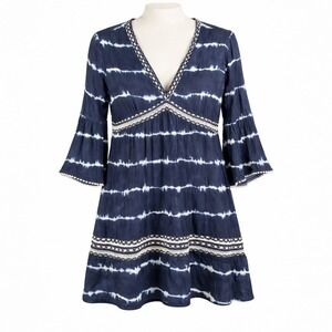 INC Navy White Tie Dye Embroidered V Neck Lace Bell‎ Sleeve Babydoll Dress M Y2K